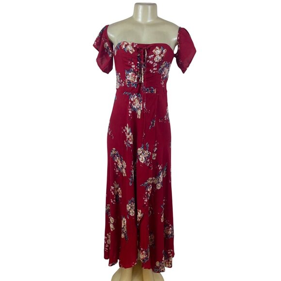 Band Of Gypsies Womens Red Floral Lace-Up Maxi Dress Off Shoulder Sz M - New - Picture 1 of 10